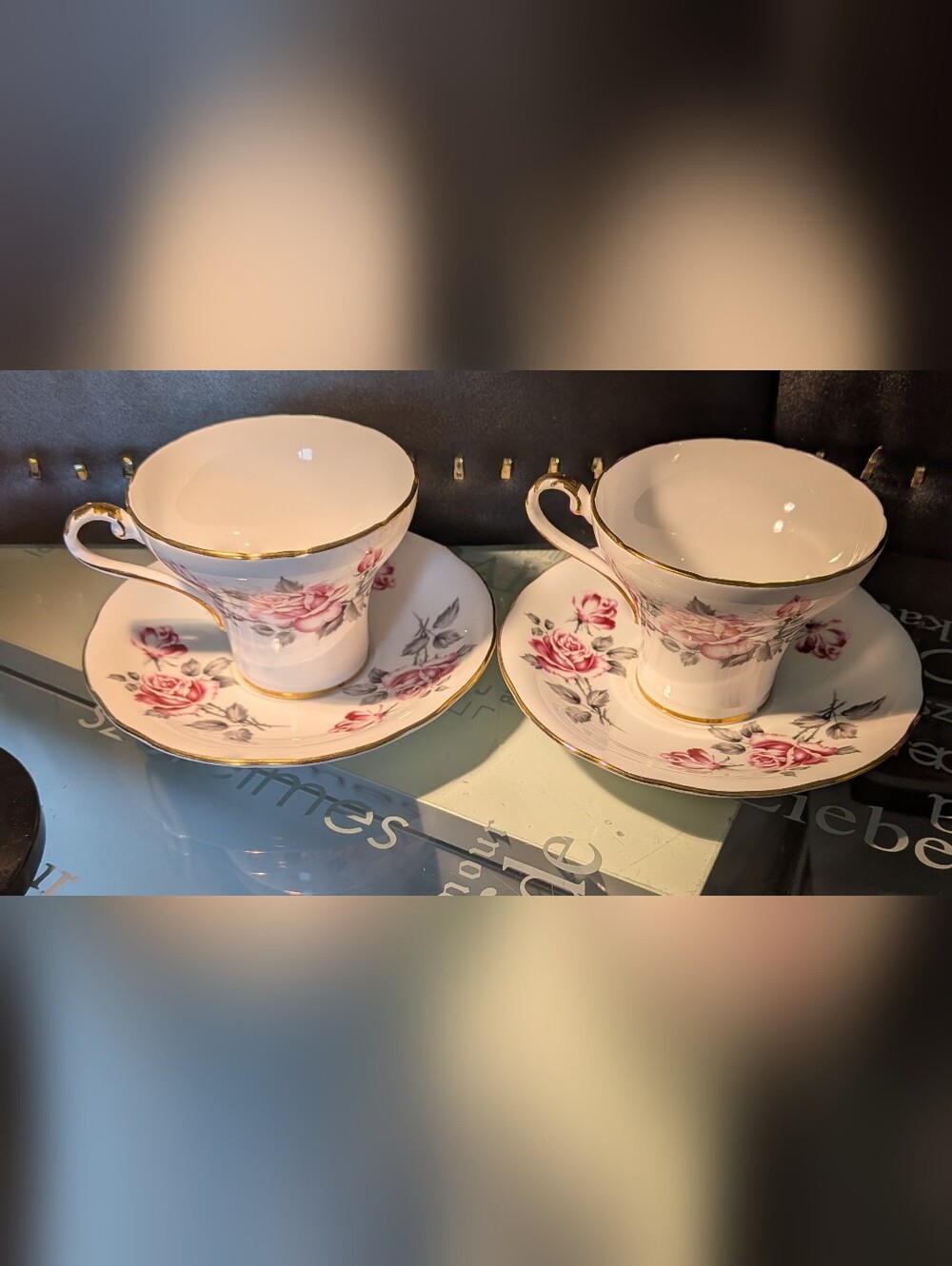 2 Aynsley White Porcelain Tea Cups  Saucers with Pink Rose Pattern and Gold Trim